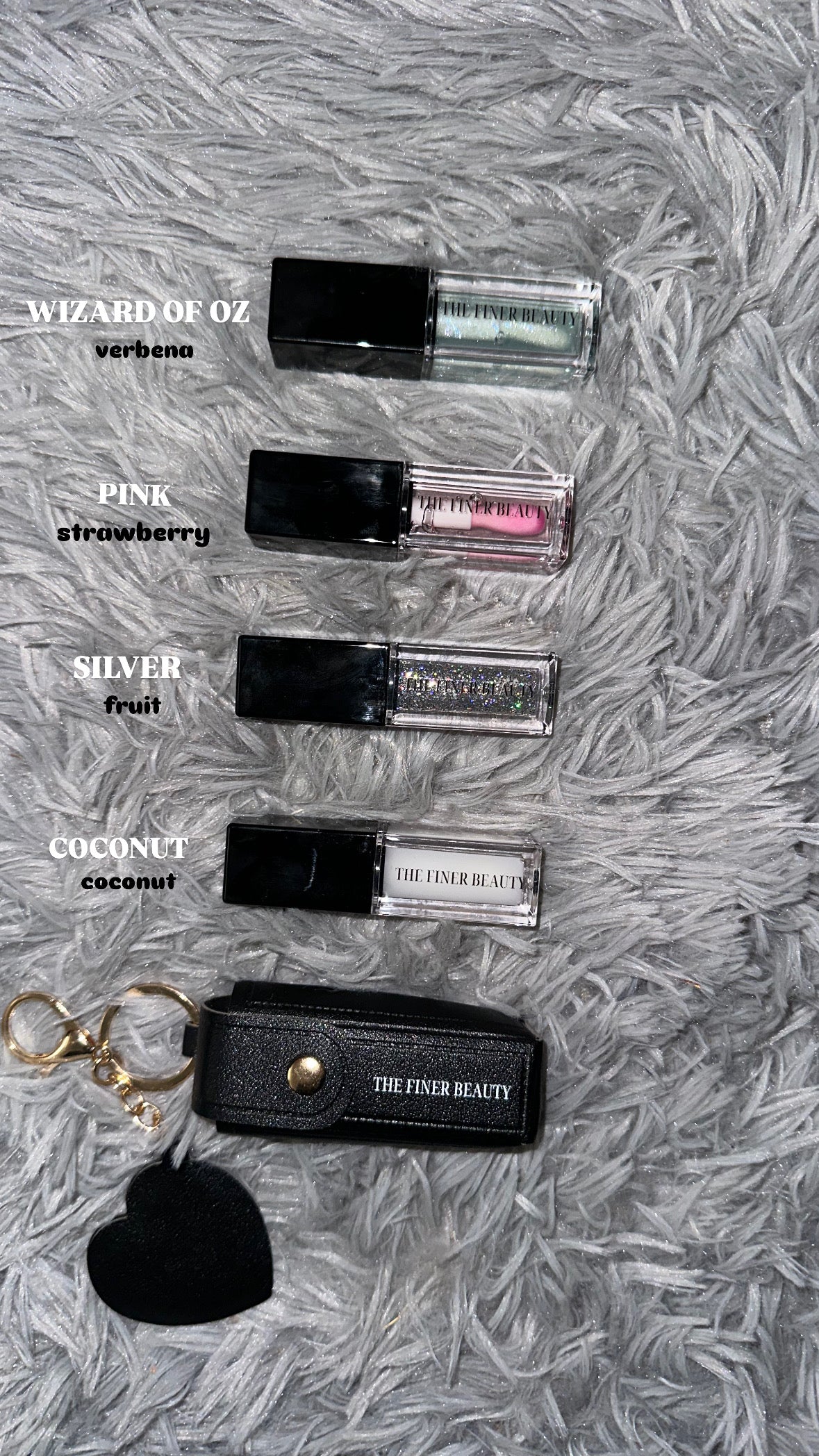 Lip oil with keychain holder, and tiny heart mirror